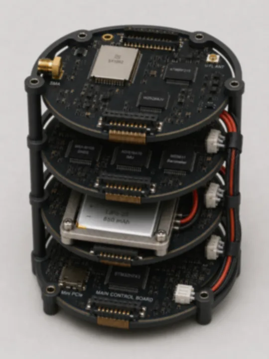 Softened compact circular multi-board inertial-control stack with an integrated Linux compute layer